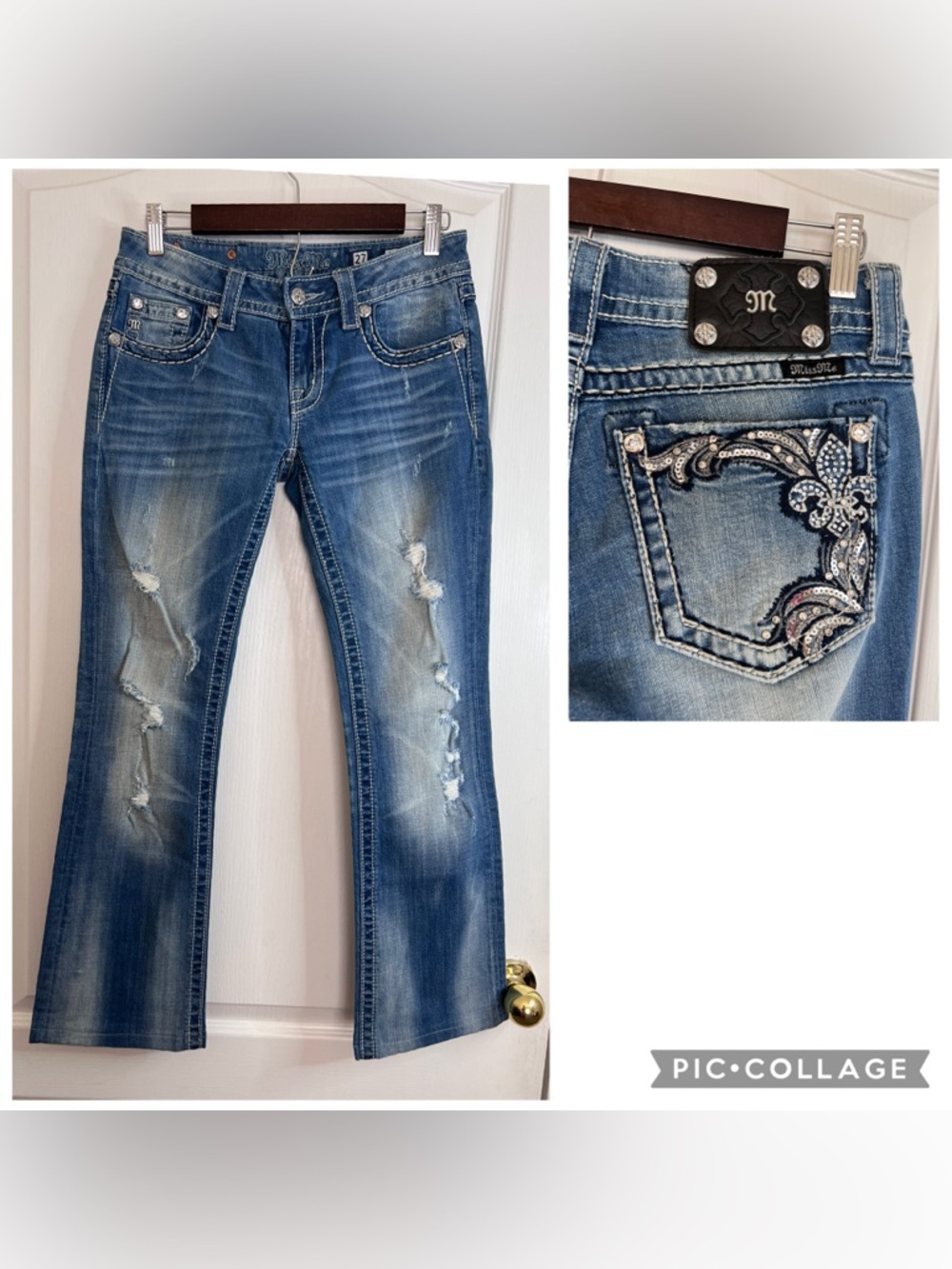 Miss Me Blue Distressed Boot Cut Jeans with Embellished Pockets size 27
